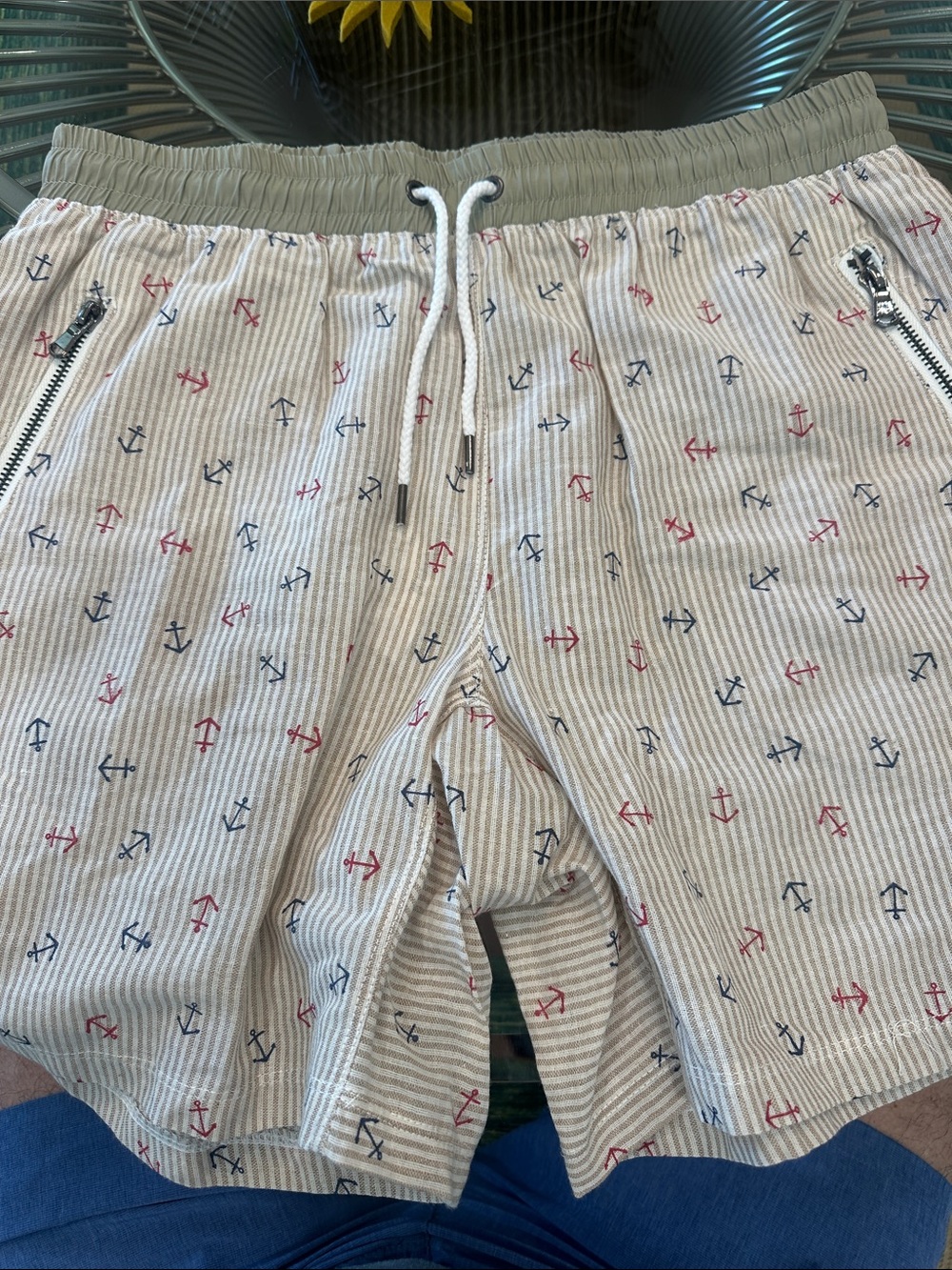NWT Parke & Ronen Beige Striped Swim Trunks with Red & Navy Anchors